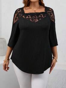 EMERY ROSE Camiseta de manga 3/4 con parches de malla de ajuste holgado para mujeres de talla grande, primavera/verano - Negro - Ver 6