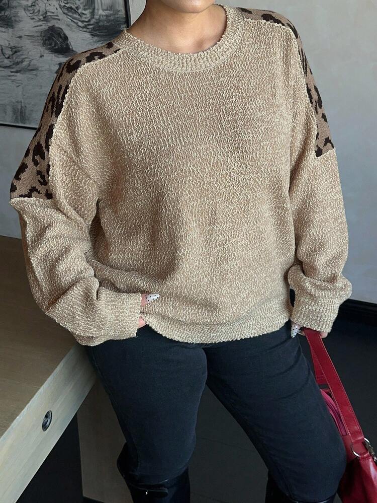 Dazy Plus Loose Casual Leopard Print Patchwork Crew Neck Plus Size Women Long Sleeve Sweater, Autumn/Winter