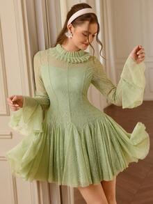 Aveloria Rosie Green Crochet Lace Ruffle Trim Pleated Bodice Flared Skirt Waist Cinched Party Dress, Elegant & Versatile Women Long Sleeve Dress