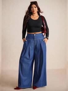 Elaquor Plus Size High Waist Wide Leg Jeans, Fashionable For Commuting/Winter Wide Leg Jeans Woman Denim For Women Cowboy Pants For Women - Medium Wash - View 6