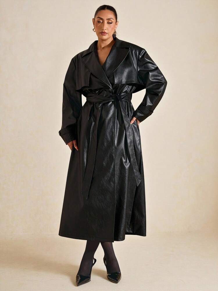 SHEIN BAE Plus Size Solid Color Long Trench Coat, Suitable For Commuting In Fall Winter, Winter , Winter For Women Curve, Autumn , Fall For Women Curve, Halloween Costumes, Christmas Women's , New Year For Women Curve, Thanksgiving For Women Curve, PU Leather Windbreaker  And Warm - Black - View 11
