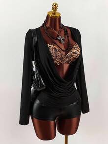 Áo bra dài tay cổ khoét sâu họa tiết da báo phong cách Y2K Amplova dành cho nữ, gợi cảm và phá cách, phù hợp mặc hàng ngày, dáng rộng, kiểu Y2K, áo nữ phong cách Gothic, áo liền thân dài tay gợi cảm, trang phục Halloween cho du lịch hàng ngày, áo đen. - màu đen - Xem 4