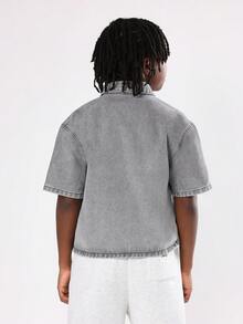 SUMWON Cotton Tween Boys Oversized Short Sleeve Denim Button Down Street Style White Text Print Retro Typography Los Angeles Shirt Light Vintage Wash Casual Everyday Wear