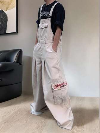 Manfinity Roghcode メンズカーキカジュアルデニムビブオーバーオール