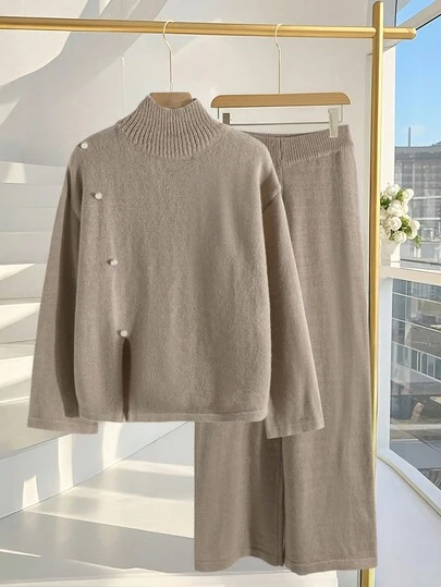 GlowEve 新款女式欧美风纯色优雅百搭简约时尚针织毛衣和裤子套装
