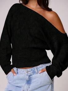 MUSERA Cinched Mini Off The Shoulder Long Sleeve Dress Fall Autum Winter Cosy Everyday Spring Sweater Vacation - Black - View 6