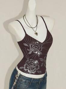 SHEIN ICON Áo hai dây thêu hoa sequin lấp lánh thời trang Boho cổ điển mùa hè Y2k dành cho nữ đi chơi - màu nâu - Xem 6