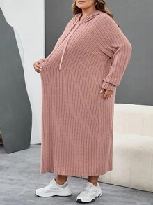 SHEIN CURVE+ Plus Size Women's Ribbed Fabric Long Sleeve Hooded Loose Dress