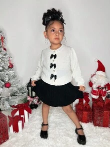 2 pezzi/set Blusa bianca con fiocco decorativo e gonna nera per ragazze, adatta per autunno/inverno - Bianco e nero - Visualizzare 2