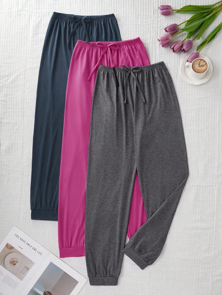SHEIN 3件套女士简约风抽绳休闲居家舒适裤，秋冬服装 - 彩色 - 查看 1