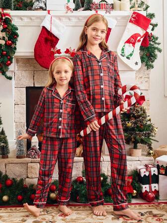 FamilyFrolics 2pcs Christmas Plaid Comfortable Family Matching Pajamas Set, Cute Long Sleeve Top And Pants, Button-Up Loungewear For Girls, Toddler & Kids