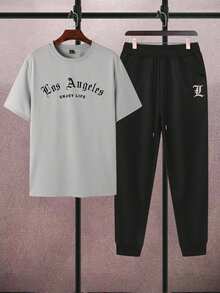 Manfinity Homme Men's Plus Size Letter Printed Short Sleeve T-Shirt And Sweatpants Set - Black - View 2
