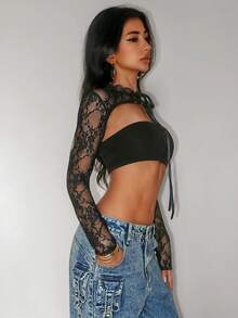 Jeanoix Women's Lace Fabric Sexy Daring Avant-Garde Blouse - Black - View 6