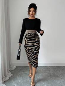 Elenzga 经典独特时尚斑马条纹针织圆领连衣裙，小众设计时尚迷人女士毛衣裙