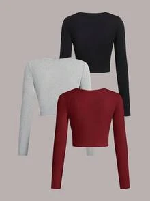 SHEIN EZwear 3 件套休闲简约图案圆领长袖短款修身女式 T 恤，适合秋冬季 - 彩色 - 查看 2