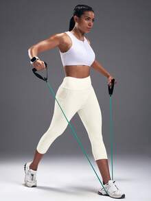 SHEIN Sports Quần legging thể thao nữ dài đến khuỷu tay, cạp cao, có túi, màu trơn, kiểu dáng thường ngày. - Màu be - Xem 7