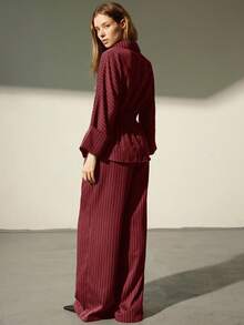 Aveloria Modichic 2 件女式条纹咖啡色狩猎风格服装，宽松休闲长袖衬衫，抽绳领和直筒裤，秋冬 - 酒紅色 - 查看 3