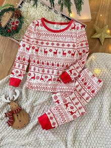 2pcs Young Boy Christmas Snug Fit Pajama Set, Red Reindeer & Christmas Tree Print Long Sleeve Top And Pants, Family Party Outfit Fall Winter Winter Pajamas For Girls Kids Christmas Red Pajama