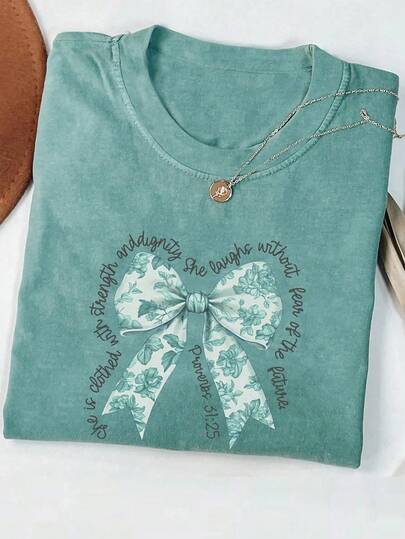 INAWLY Camiseta casual de mujer de manga corta, cuello redondo y holgada con estampado de lema y lazo