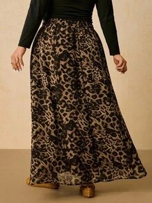 SHEIN VCAY Plus Size Women Leopard Floral Print Chiffon Skirt, Casual Holiday Versatile Long Skirt For Autumn/Winter