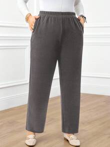 Miaspire Plus Size Women's Casual Daily Black Long Pants With Pockets/Winter Fall - Dark Grey - View 3