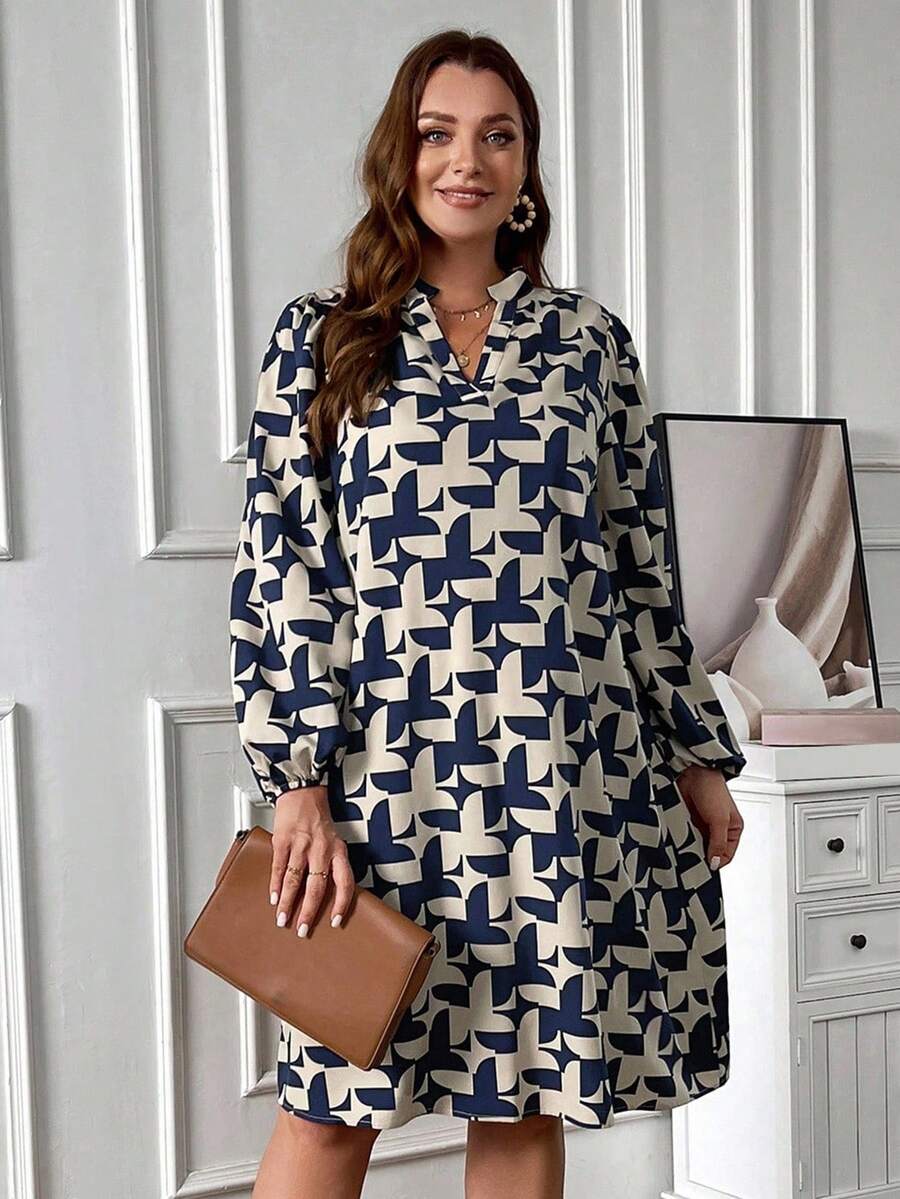 EMERY ROSE Plus Size Colorblocked V-Neck Lantern Sleeve Summer Dress For Women,Spring/Vacation - Multicolor - View 1