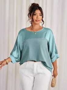 Cravure Áo thun chui đầu tay raglan cổ tròn tay 3/4 vải kim loại chắp vá màu cỡ lớn dành cho đi chơi, đi nghỉ, đi làm, tiệc tùng - Màu xanh ngọc - Xem 4