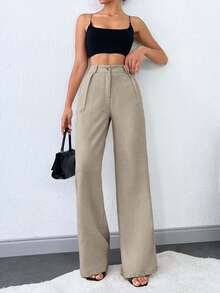 SHEIN Tall 100%Cotton Tall Women's Solid Slant Pocket Straight Leg Pants - Beige - View 4