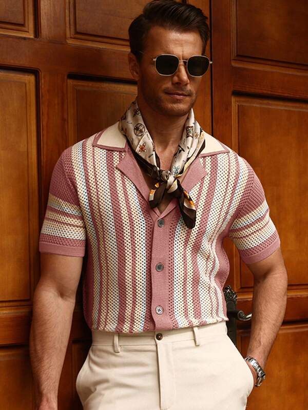 Manfinity CityGents Camisa de punto de manga corta con cuello de solapa, de rayas de colores y calado, vintage para hombres, años 70, camisa de punto abotonada, vintage, para vacaciones de hombres en Italia