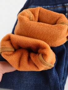 SHEIN Baby Girls' Cute Basic Navy Blue Denim Thermal Lined Elastic Skinny Pants, Autumn/Winter Fall,Fall Clothes,Winter Clothes ,Casual And Fashionable Vacation Outfits - Dark Wash - View 5