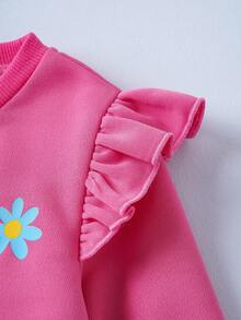 SHEIN | PAW Patrol 2pcs/Set Young Girl Cartoon Cute Puppy Print Pink Knit Loose Fit Crew Neck Cap Sleeve Sweatshirt And Floral All-Over Print Flared Pants, Autumn/Winter Fall - Pink - View 6