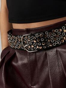 MISSGUIDED Curea lată cu inele argintii și știfturi metalice pentru femei, din piele premium, curea statement, accesoriu de modă punk rock