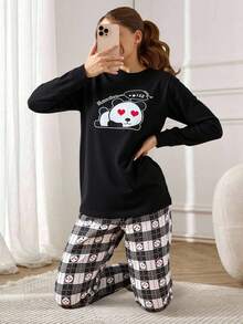 EURMUSE Cotton Cartoon Panda And Slogan Graphic Long Sleeved Shirt & Pants Homewear Pajama Set 100 Percent Cotton Pajamas Comfy Pajamas Set Sleep Wear Women Set Cartoon Pajamas Women Pajama Sets For Women - Black - View 4