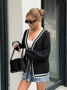 EURMUSE Plus Women Contrast Hem Detailed Front Tie Chunky Cardigan - Black - View 5