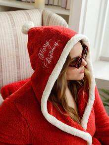 SHEIN Plus Size Gingerbread Man Embroidered Reversible Flannel Hooded Belted Robe, Fall Winter, Fluffy, Christmas