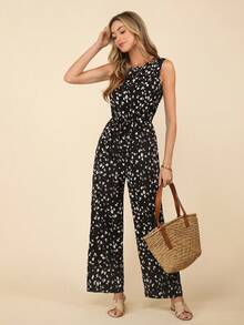 Women's Allover Print Sleeveless Jumpsuit, Casual Vacation - Black - View 4