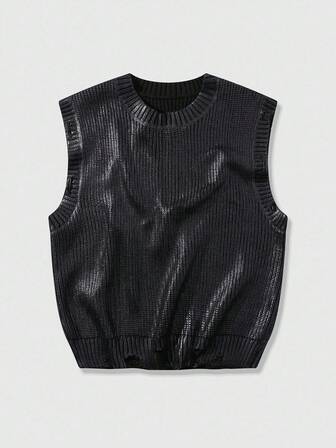 Street Life Men's Round Neck Foil Print Casual Versatile Knit Vest, Fashionable For Autumn