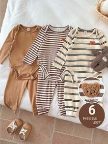 LMoss Kids 2件套男婴针织纯色条纹圆领连体衣和裤子套装 - 彩色 - 查看 4