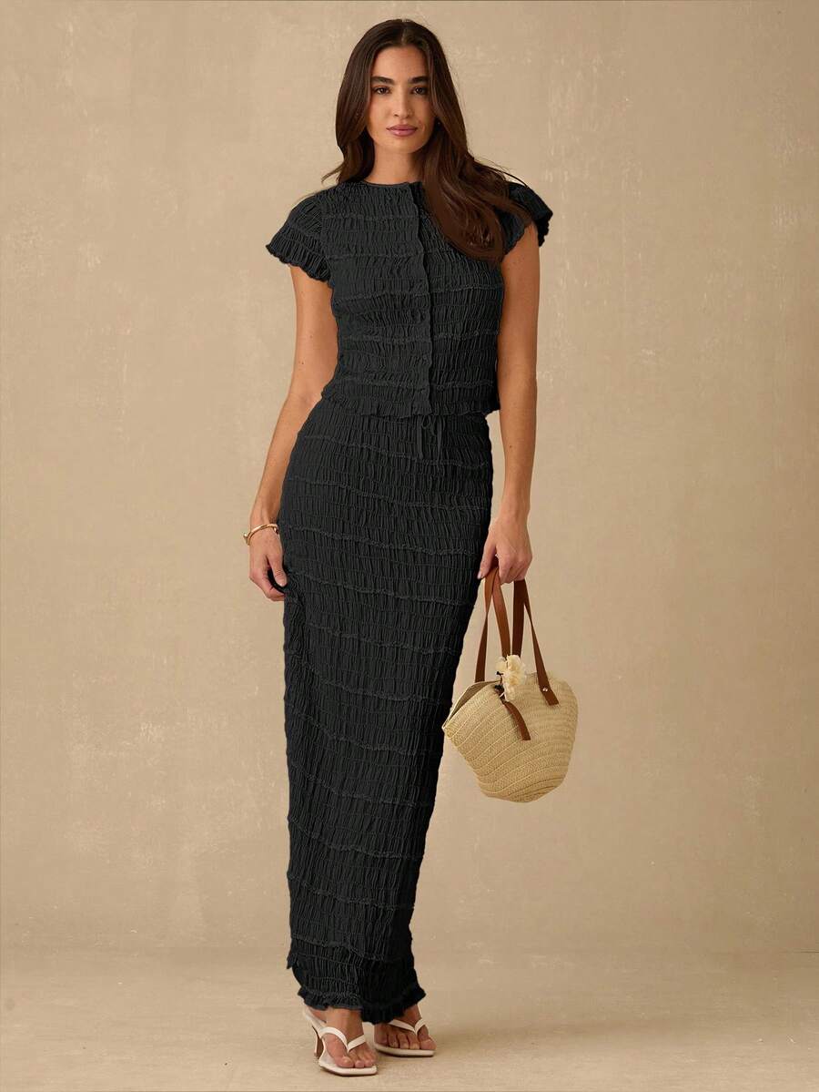 Enchnt 女士度假休闲纯色纹理半身裙 - 黑色 - 查看 1