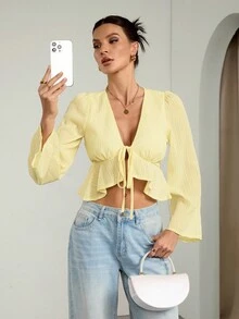 SHEIN Tall 度假休闲纯色 V 领、喇叭袖、喇叭下摆衬衫 - 黃色 - 查看 7