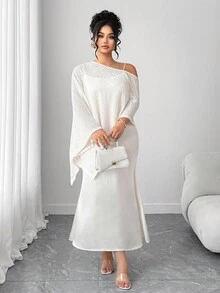 SHEIN Elenzya 大码女式优雅针织罩衫和细肩带连衣裙两件套，杏色 - 杏色 - 查看 5