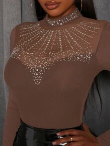 Slaydiva 女士优雅闪亮水钻正面透视长袖高领短款女士紧身连衣裤 - 咖啡棕 - 查看 3