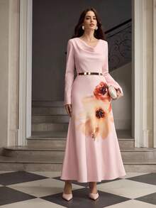 ZEYLAH Elegant Swing Neck Floral Print Flare Sleeve Dress - Pink - View 5