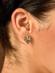 Frida Kahlo X SHEIN 2 对时尚 3D 浮雕骷髅和花朵锌合金吊坠耳环套装，优雅女士珠宝套装 - 彩色 - 查看 6