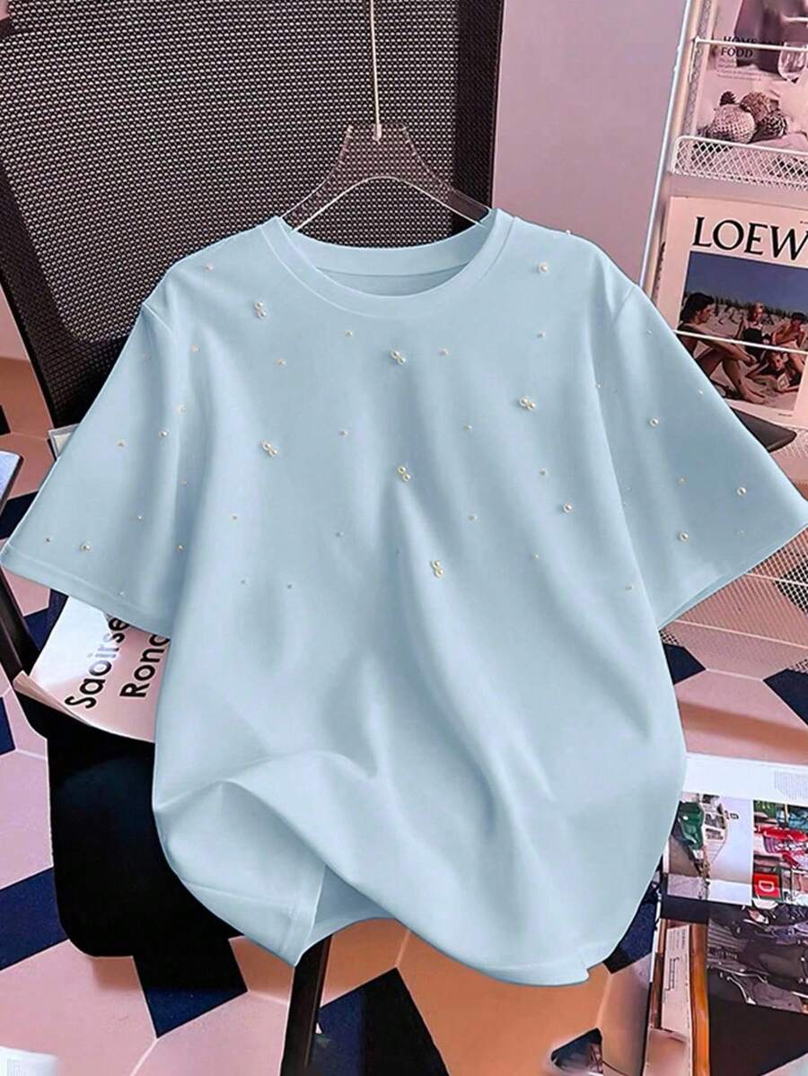 Franclia Summer Fashionable Round Neck Bubble Pearls White T-Shirt Short Sleeve Stylish Summer Tops - Blue - View 1