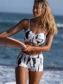 Summer Beach Tie Dye Drawstring Bikini - Black and White - View 6