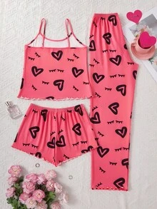 Dream Adore 3件套可爱睫毛和心形印花女士睡衣套装 - 粉色 - 查看 2