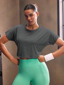 Powerista Áo thun thể thao tay cánh dơi hở lưng cho nữ tập gym - Màu xám đen - Xem 4