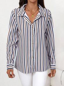 EMERY ROSE Women's Striped Long Sleeve Single-Breasted Casual/Work Shirt - Multicolor - View 5