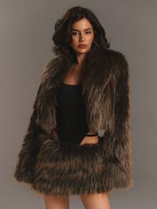 Aloruh Young Lady's Cropped Faux Fur Collar Long Flare Sleeve Jacket - Brown - View 5